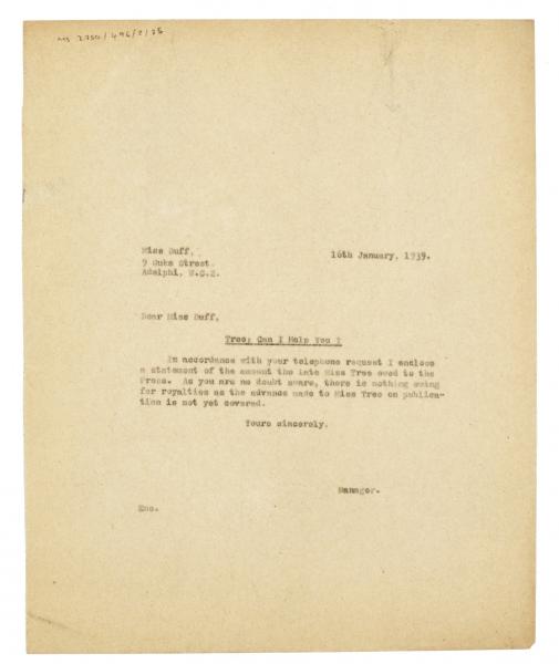 Image of typescript letter from Nora Nicholls to Miss Duff (16/01/1939) page 1 of 1