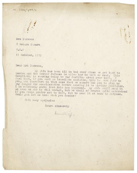Image of typescript letter from Leonard Woolf to Mrs Parsons (Viola Tree) (11/10/1925) page 1 of 1