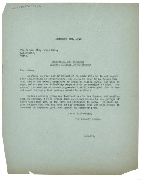 Image of typescript letter from The Hogarth Press to The Garden City Press (03/12/1937) page 1 of 1