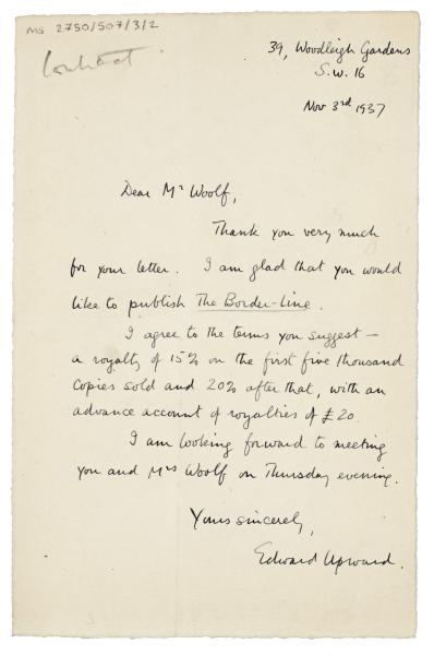 Image of handwritten letter from Edward Upward to Leonard Woolf (03/11/1937) page 1 of 1