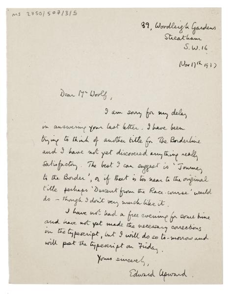 Image of handwritten letter from Edward Upward to Leonard Woolf (17/11/1937) page 1 of 1