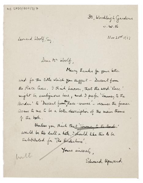 Image of handwritten letter from Edward Upward to Leonard Woolf (21/11/1937) page 1 of 1