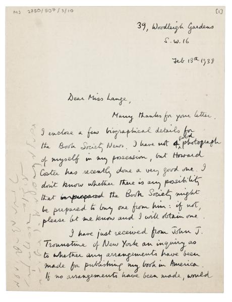 Image of typescript letter from Edward Upward to Dorothy Lange (13/02/1938) page 1 of 2