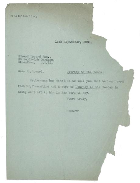 Image of typescript letter from The Hogarth Press to Edward Upward (14/09/1938) page 1 of 1