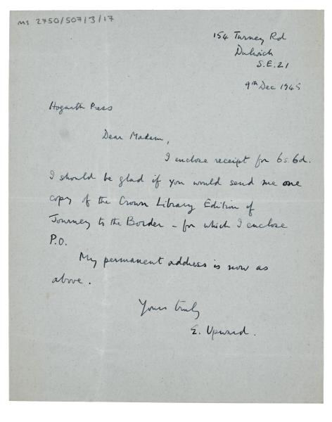Image of handwritten letter from Edward Upward to The Hogarth Press (09/12/1945) page 1 of 1