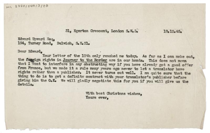 Image of typescript letter from John F. Lehmann to Edward Upward (18/12/1945) page 1 of 1