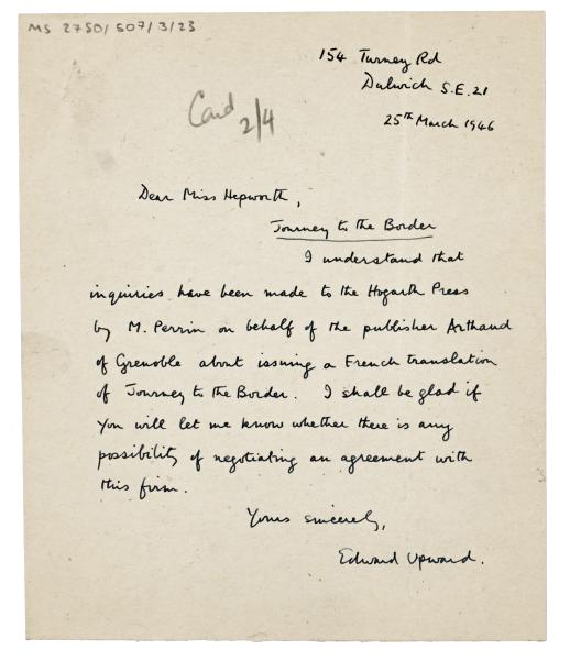Image of handwritten letter from Edward Upward to Barbara Hepworth (25/03/1946) page 1 of 1