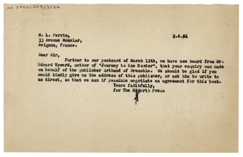 Image of typescript letter from The Hogarth Press to Léon Perrin (02/04/1946) page 1 of 1