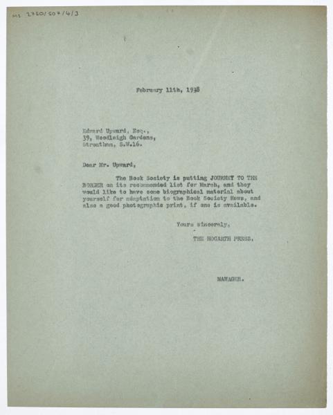 Image of typescript letter from The Hogarth Press to Edward Upward (11/02/1938) page 1 of 1