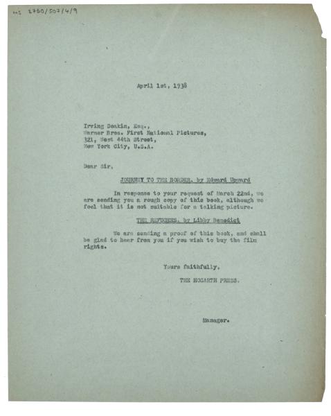 Image of typescript letter from The Hogarth Press to Warner Bros Pictures (01/04/1938) page 1 of 1 