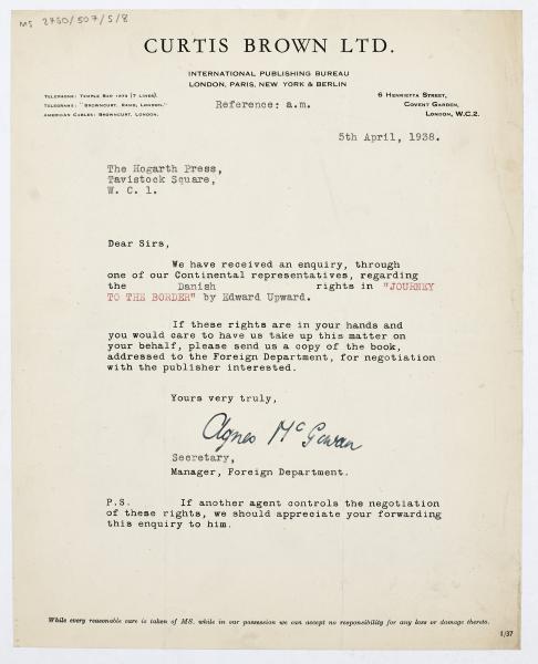 Image of a Letter from Curtis Brown Ltd to The Hogarth Press (05/04/1938)