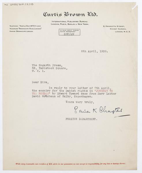Image of a Letter from Curtis Brown Ltd to The Hogarth Press (08/04/1938) 