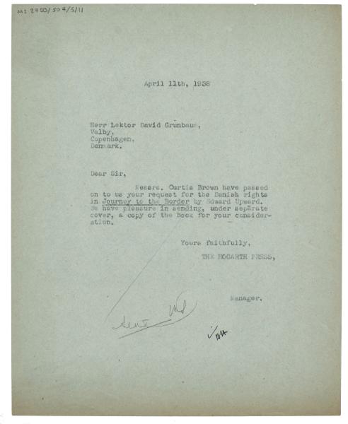 Image of typescript letter from The Hogarth Press to David Grünbaum (11/04/1938) page 1 of 1