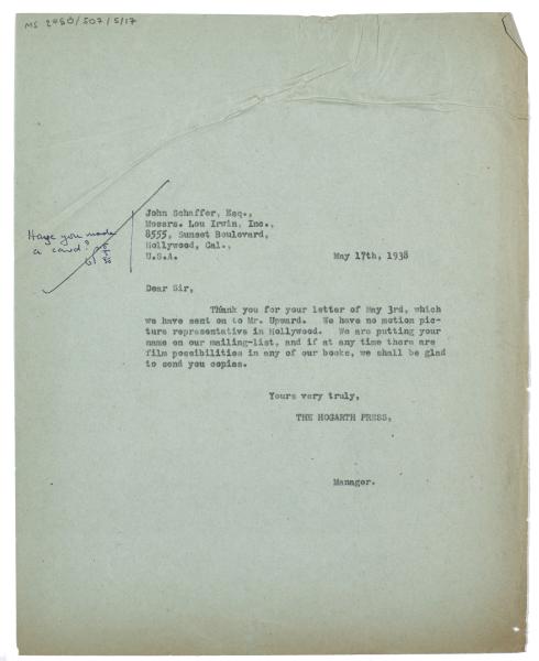 Image of typescript letter from Norah Nicholls to Lou Irwin Inc (17/05/1938) page 1 of 1