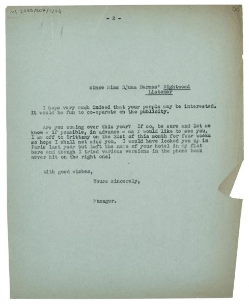 Image of typescript letter from Norah Nicholls to Harper & Co Inc (14/07/1938) page 2 of 2