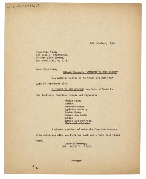 Image of typescript letter from Norah Nicholls to Rita Rose (06/10/1938) page 1 of 1