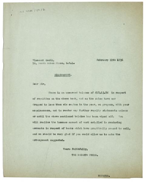 Image of typescript letter from The Hogarth Press to Viscount Cecil (11/02/1936) page 1 of 1