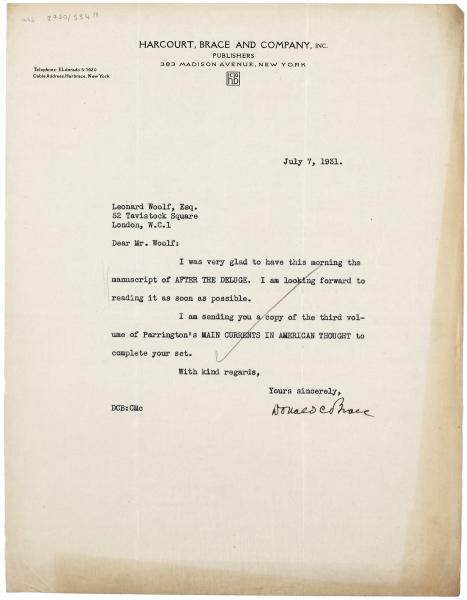 Image of typescript letter from Donald Brace to Leonard Woolf (07/07/1931) page 1 of 1