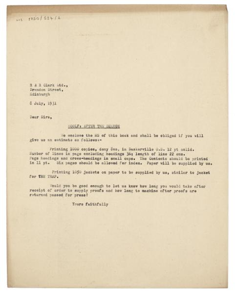 Image of typescript letter from The Hogarth Press to R. & R. Clark Ltd (08/07/1931) page 1 of 1