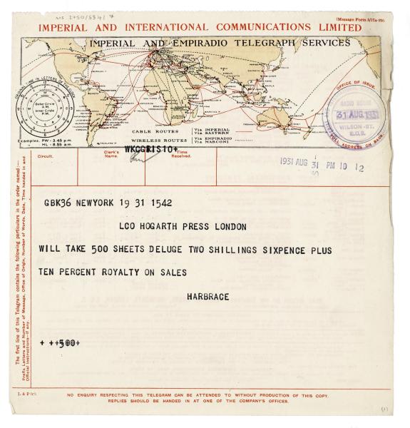 Image of typescript telegram from Harcourt Brace and Company Inc to Leonard Woolf (31/08/1931) page 1 of 2