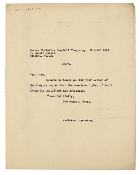Image of typescript letter from The Hogarth Press to Christine Campbell Thompson Ltd (03/11/1931)  page 1 of 1