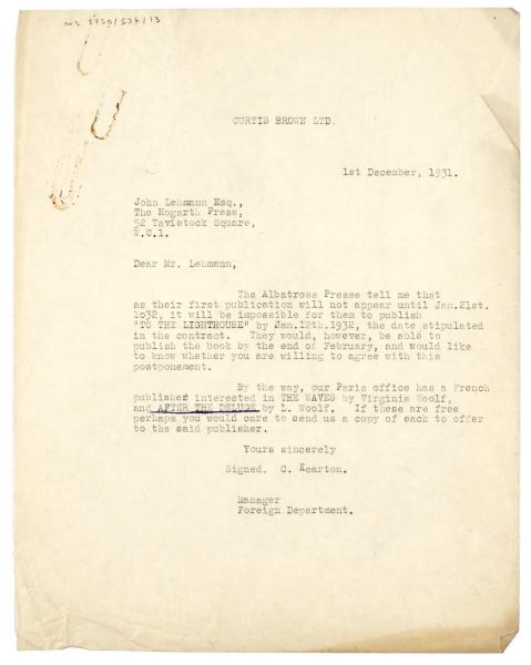 Image of a letter from Curtis Brown Ltd to John Lehmann (01/12/1931)