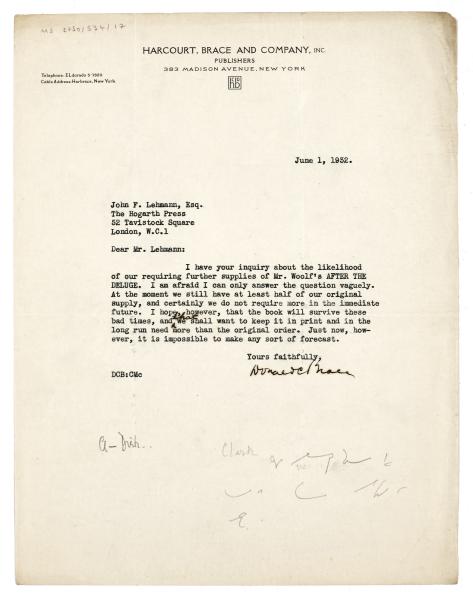 Image of typescript letter from Donald Brace to John Lehmann (01/06/1932)  page 1 of 1