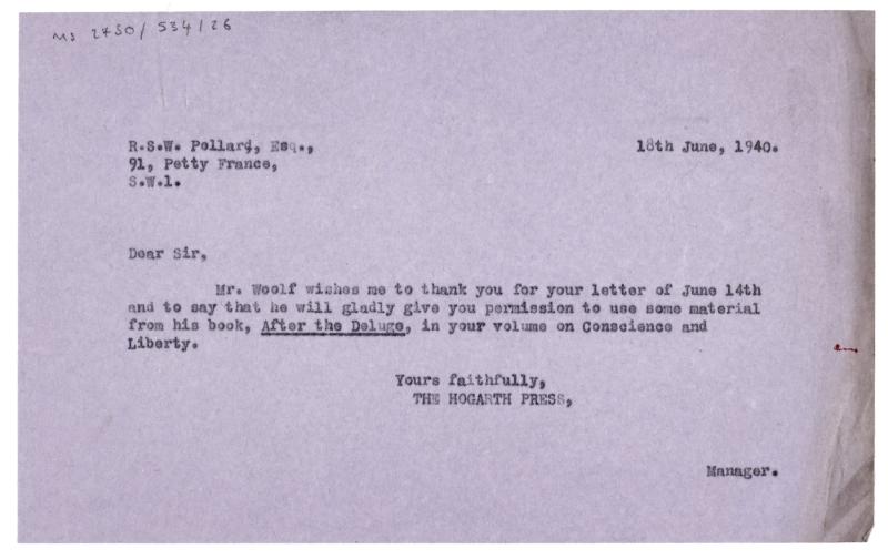Image of typescript letter from The Hogarth Press to Robert S. W. Pollard (18/06/1940) page 1 of 1 