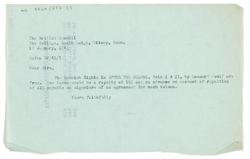 Image of typescript letter from The Hogarth Press to The British Council (10/01/1943) page 1 of 1