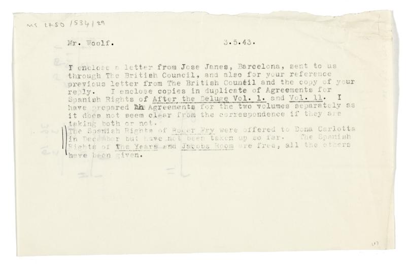 Image of typescript covering note from a staff member at The Hogarth Press to Leonard Woolf (03/05/1943) page 1 of 2
