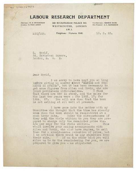 Image of typescript letter from the Labour Research Department to Leonard Woolf (10/03/1925) page 1 of 2 