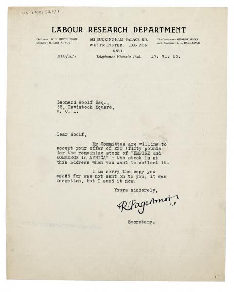 Image of letter from the Labour Research Department to Leonard Woolf (17/06/1925) page 1 of 2