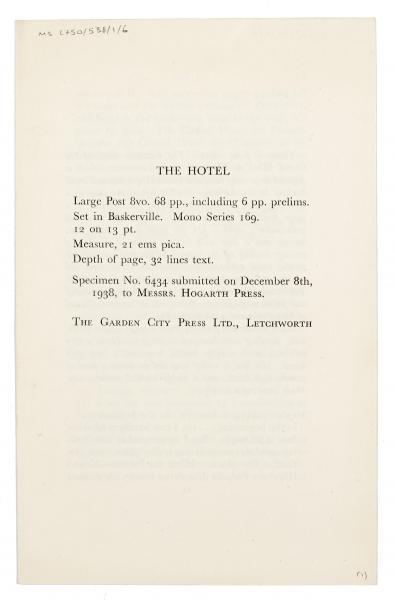 Image of typescript specimen Pages of The Hotel (68 pages) ( year 1938) page 1 of 2