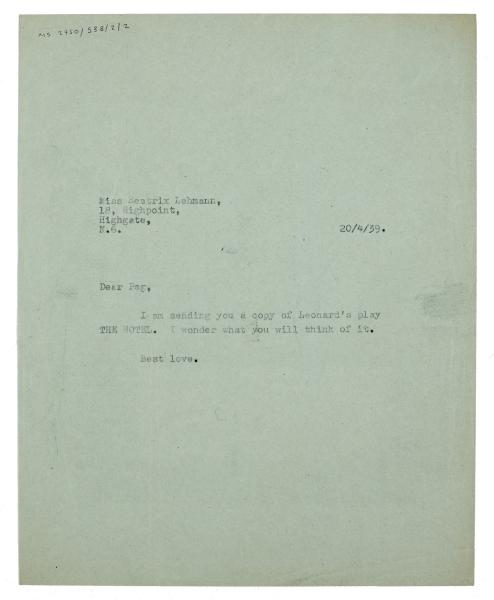 Image of typescript letter from the Hogarth Press to Beatrix Lehmann (20/04/1939)  page 1 of 1