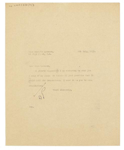 image of letter from Leonard Woolf to Beatrix Lehmann (06/07/1939) page 1 of 1
