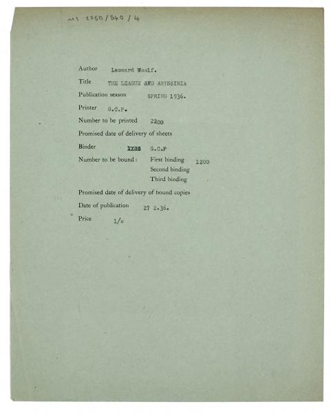 Image of printing and binding information relating to The League and Abyssinia (1936) page 1 of 1