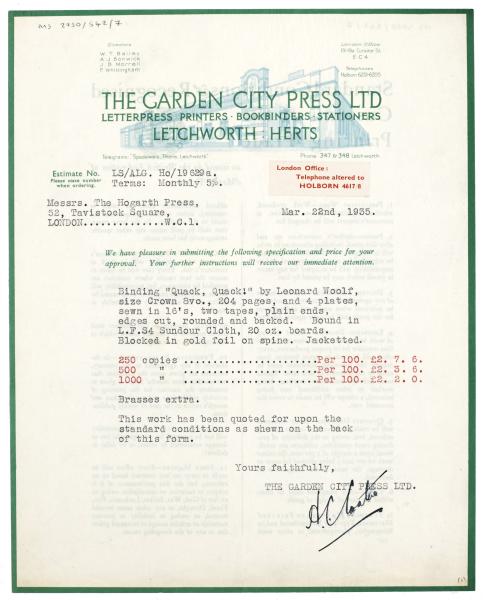 Image of typescript letter from the Garden City Press Ltd. to the Hogarth Press (22/03/1935) page 1 of 2 
