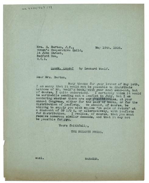 Image of typescript letter from the Hogarth Press to the Women's Co-operative Guild (15/05/1935) page 1 of 1
