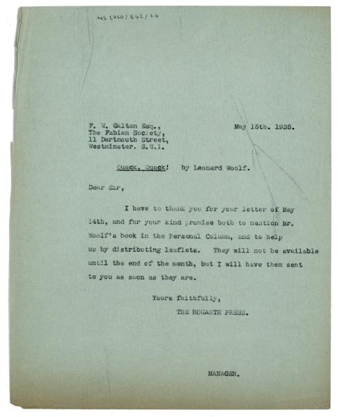 Image of typescript letter from the Hogarth Press to The Fabian Society (15/05/1935)er from the Hogarth Press to The Fabian Society (15/05/1935) page 1 of 1