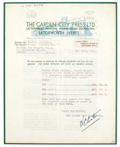 Image of typescript letter from the Garden City Press Ltd. to the Hogarth Press (15/05/1935) page 1 of 2