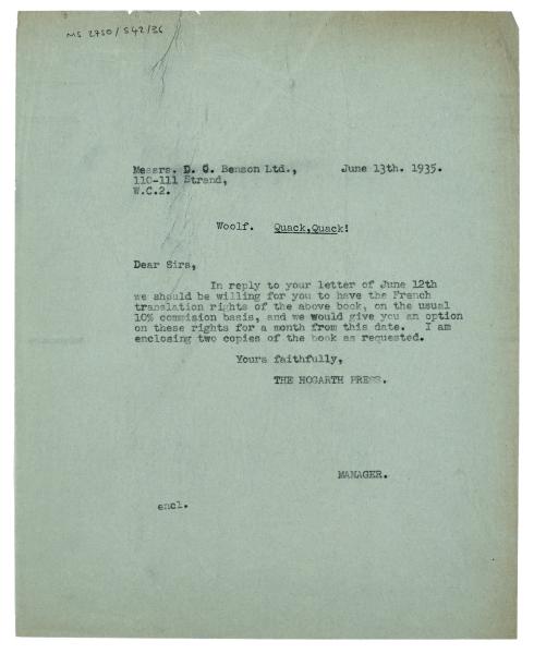 Image of typescript letter from the Hogarth Press to D.C. Benson Ltd (13/06/1935) page 1 of 1