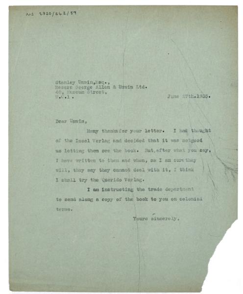 Image of typescript letter from the Hogarth Press to George Allen & Unwin Ltd (27/06/1935) page1 of 1 