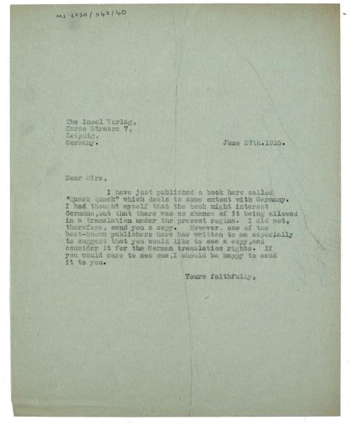 Image of typescript letter from the Hogarth Press to The Insel Verlag (27/06/1935) page 1 of 1