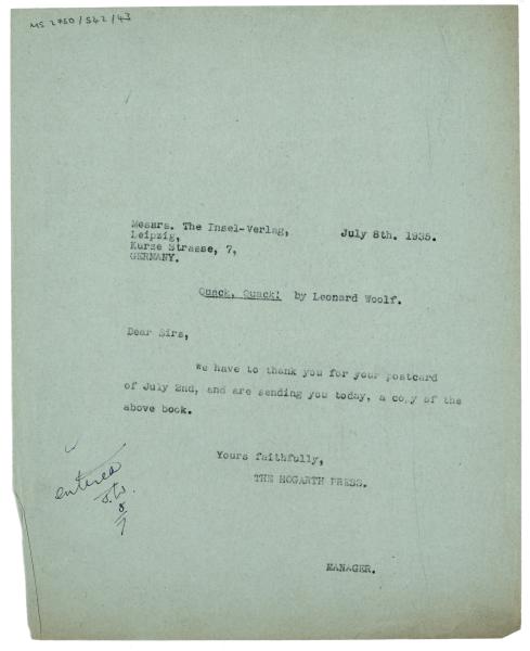 Image of typescript letter from the Hogarth Press to The Insel Verlag (08/07/1935) page 1 of 1