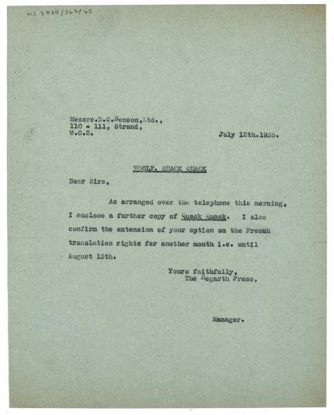 Image of typescript letter from the Hogarth Press to D.C. Benson Ltd (12/07/1935) page 1 of 1