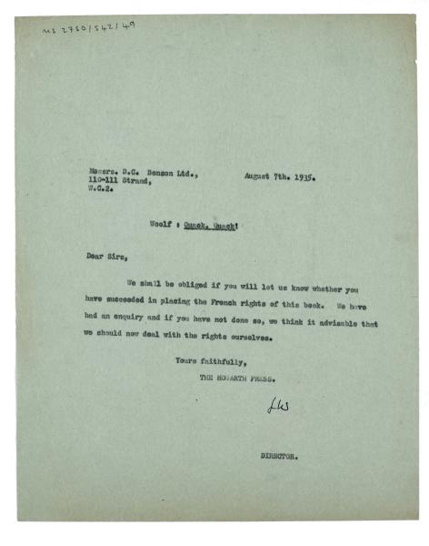 Image of typescript letter from the Hogarth Press to D.C. Benson Ltd (07/08/1935) page 1 of 1 