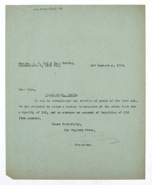 Image of typescript letter from Peggy Belsher to E.P. Tal & Co. Verlag (03/09/1935) page 1 of 1