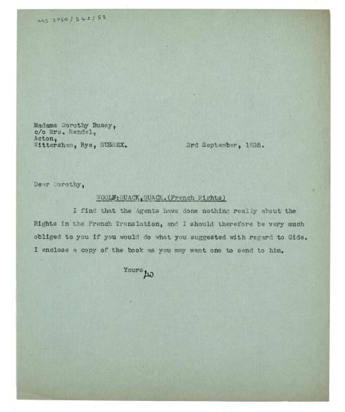 Image of typescript letter from Leonard Woolf to Dorothy Bussy c/o Mrs. Rendel (03/09/1935) page 1 of 1