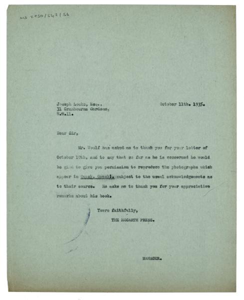 Image of typescript letter from the Hogarth Press to Joseph Locke (11/10/1935) page 1 of 1