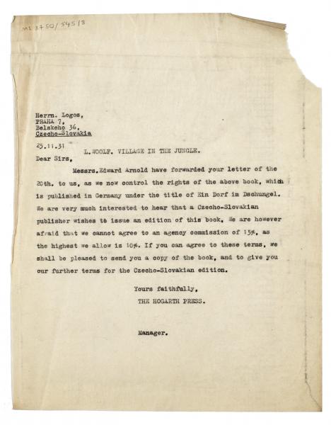 Image of typescript letter from the Hogarth Press to Logos Agency of Prague (25/11/1931) 